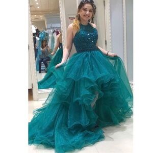 Sherri Hill Teal Halter Prom Dress